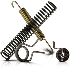 Various tension and torsion springs for motorcycles shown in black and brass colours.
